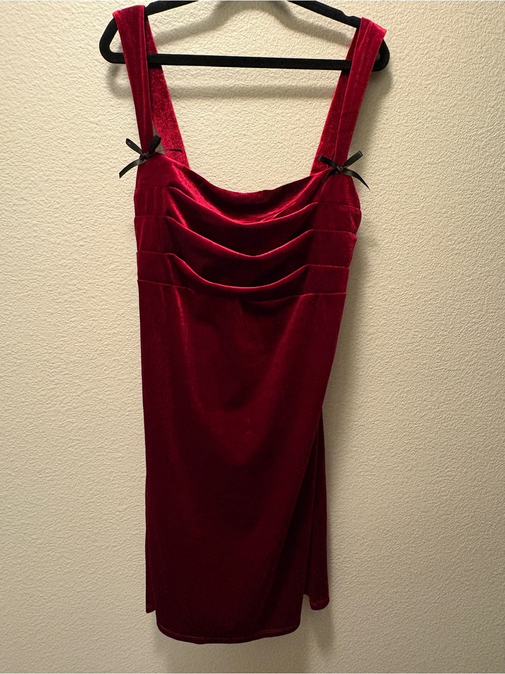 Velvet Cowl Neck Red Mini Dress with Bow Straps